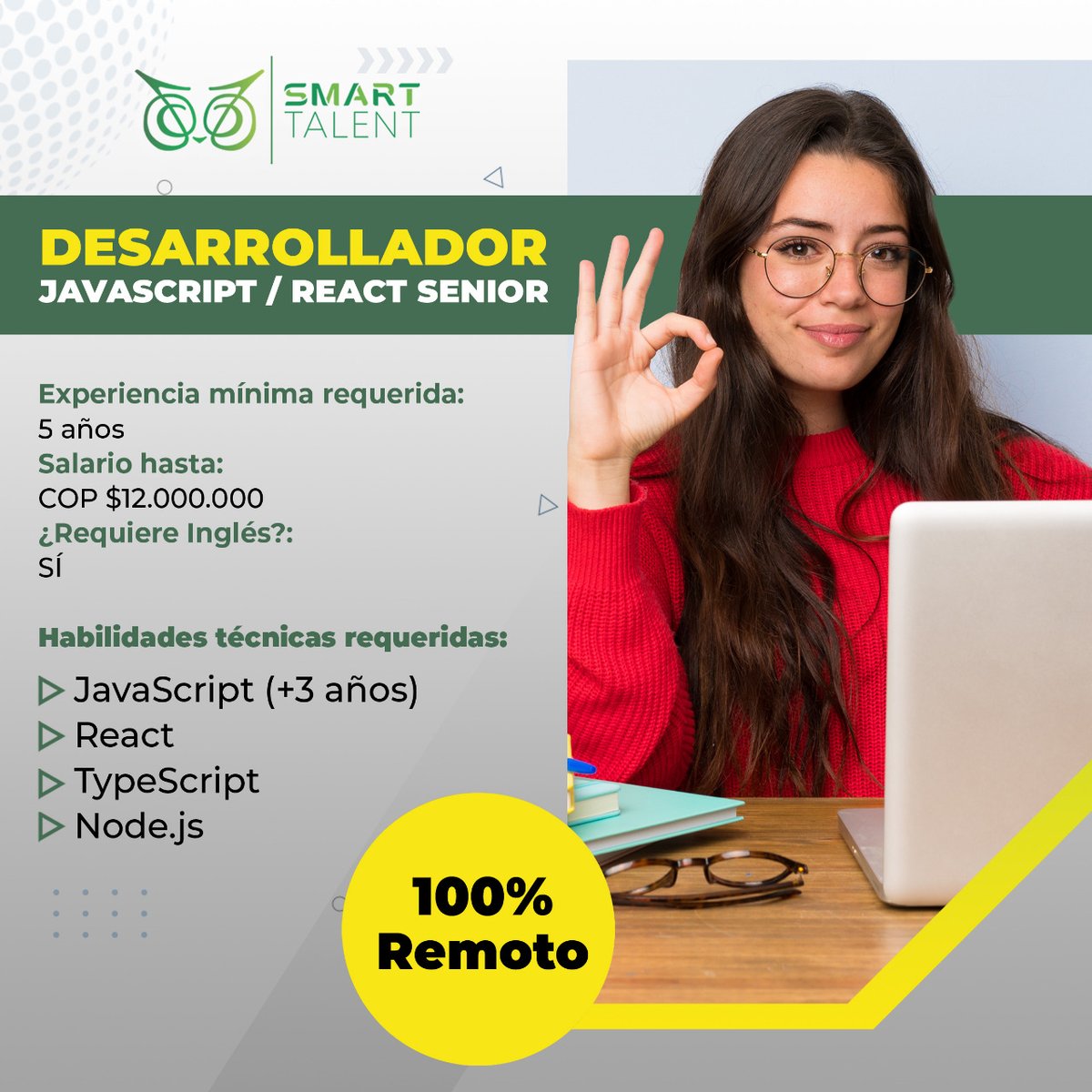 smartalentit's tweet photo. #Desarrollador #Javascript / #React #Senior en @smartalentit te estamos buscando 💥💥💥
Trabajo remoto 100%
✅ Aplicar a esta vacante aquí:
https://t.co/N8xjMJJQNm 😎
🔎 Más vacantes en:
https://t.co/vuzHZxfXdb
#SmartTalentPost #innovation #Technology #hiring #jobsearching https://t.co/Xmevp5w5fv