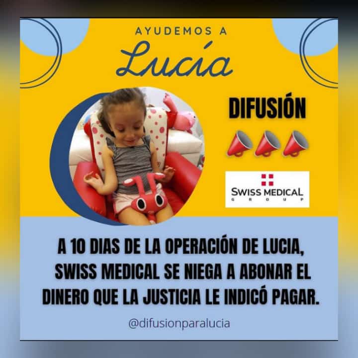 RoCovre's tweet photo. Lucía necesita operarse en EEUU y @SwissMedicalG no paga, revocando un amparo que había a favor de la menor! Vergüenza!!
@santumaratea1 @connieansaldi @sol__despeinada https://t.co/gXykhDN6wI