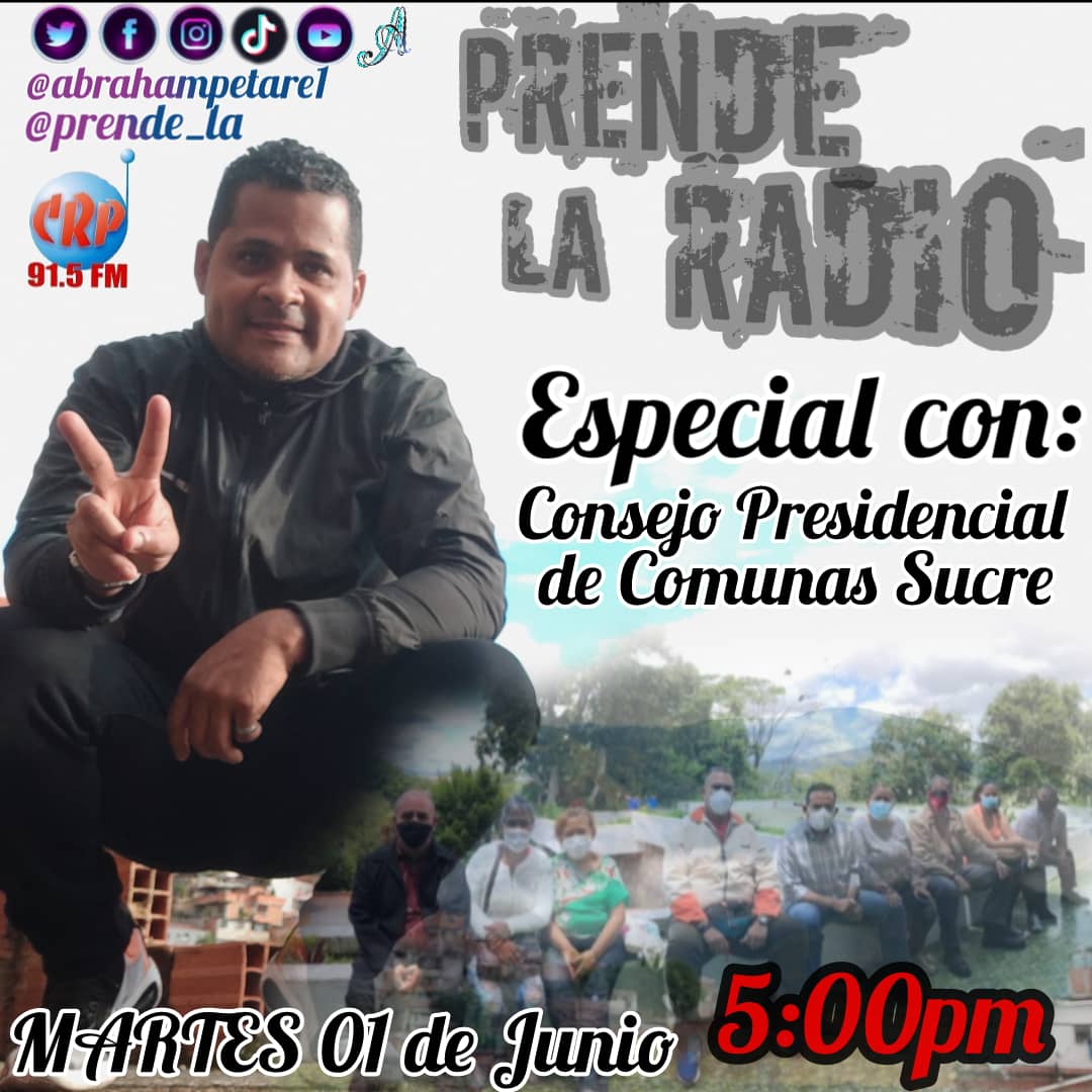 prende_la's tweet image. #PrendeLaRadio

Mañana MARTES #1Junio las 5pm tendremos un PROGRAMA ESPECIAL DE PRENDE LA RADIO* con el CONSEJO PRESIDENCIAL DE GOBIERNO POPULAR DE LAS COMUNAS DEL MUNICIPIO SUCRE. 
#SemanaRadicalConciente