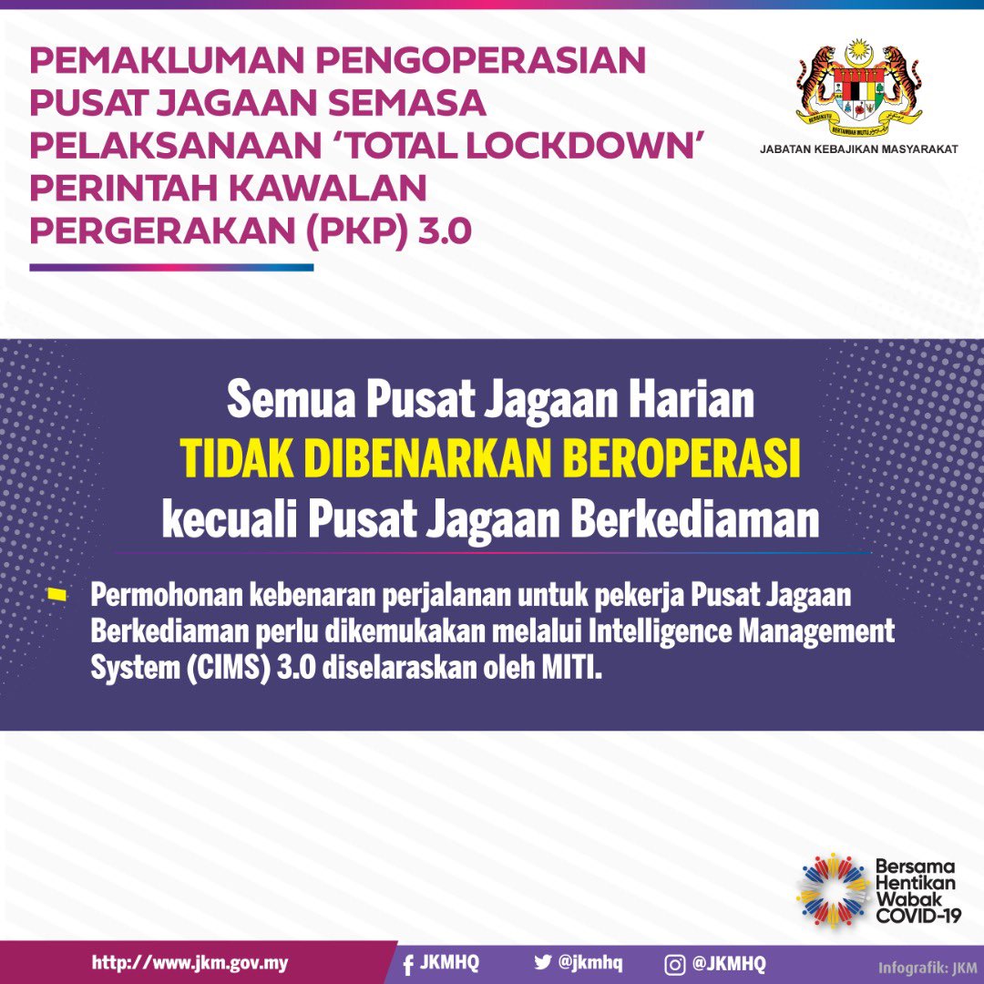 jkmhq's tweet photo. Semua Pusat Jagaan Harian 
TIDAK DIBENARKAN beroperasi KECUALI Pusat Jagaan Berkediaman.

Permohonan kebenaran pekerja Pusat Jagaan Berkediaman PERLU DIKEMUKAKAN melalui Intelligence Management System (CIMS) 3.0 diselaras oleh MITI. 

@RinaMohdHarun @MalaysiaPMO @KPWKM https://t.co/dXwuYSzffw