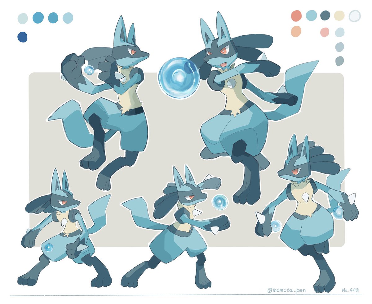 lucario pokemon (creature) furry spikes red eyes standing multiple views yellow fur  illustration images