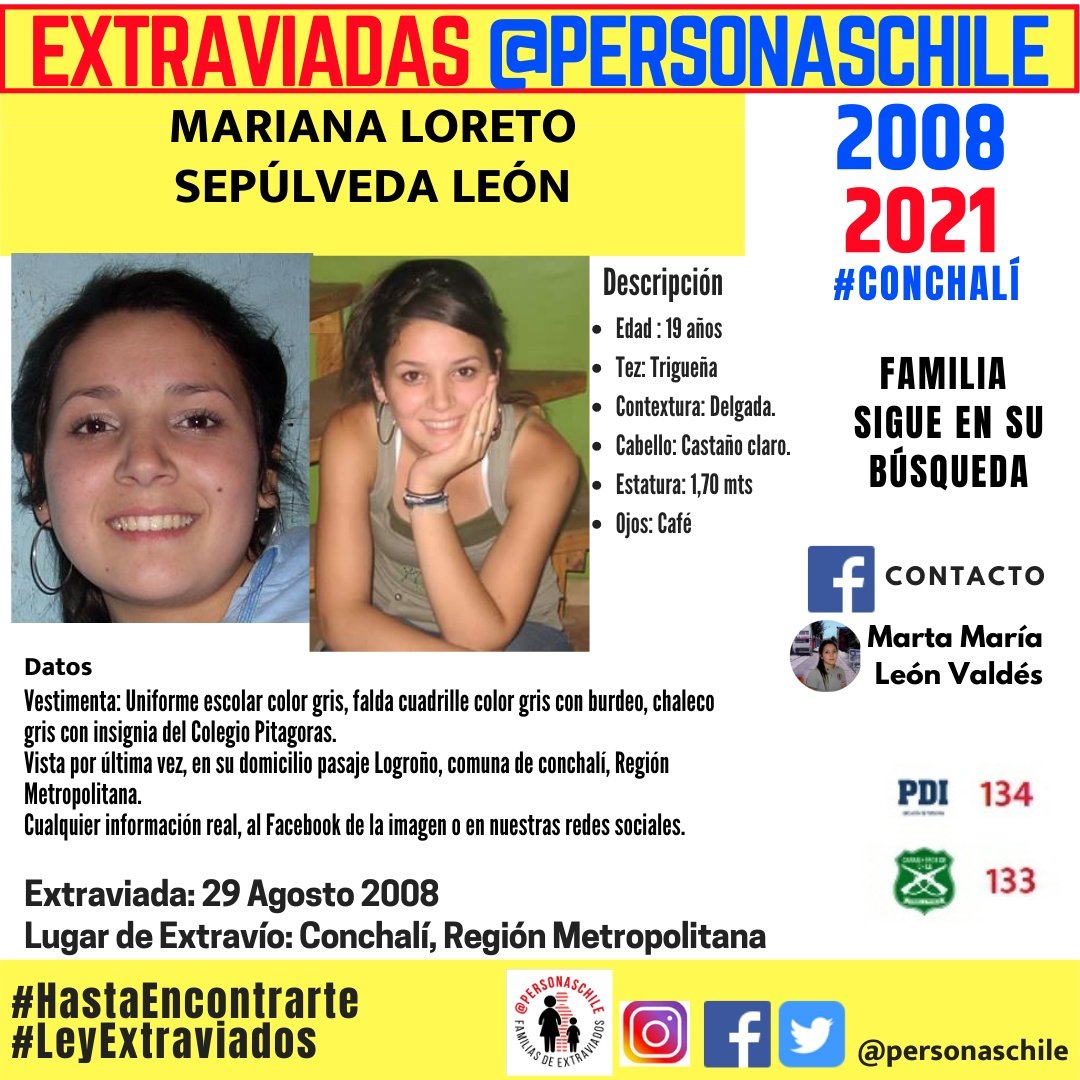 . #NosEstanMantando 🚨ALERTA DE REGIÓN METROPOLITANA 🚨
12 años  9 meses desde que Mariana desapareció, su familia sigue en busca de verdad y justicia. 
#LeyExtraviados 
#HastaEncontrarte 
#NosFaltanTodos