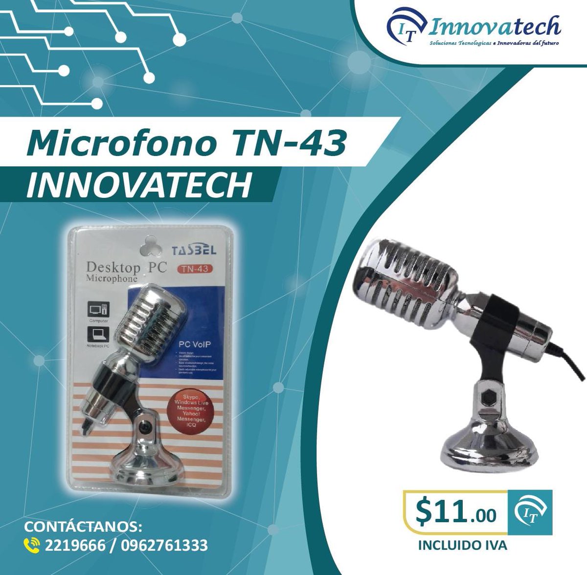 InnovaTech14's tweet image. Microfono TASBEL TN-43 
Ideal para tus clases on line, juegos en línea  o grabaciones caseras
Diseño clásico
Botón de encendido/apagado para un mejor manejo.
#mocrofono #innovatech #gye #innovacion #tecnología