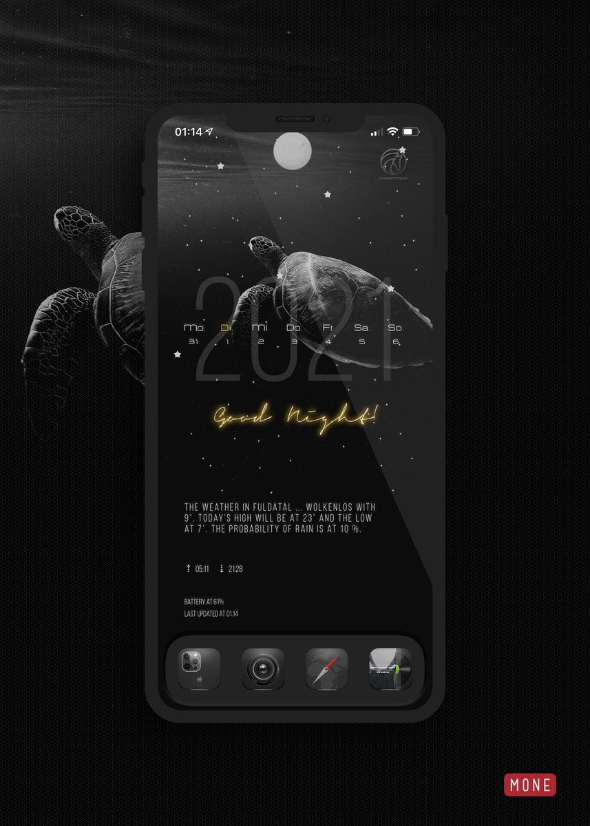 kleinmone's tweet image. Tonight&apos;s setup 🖤🐢

WeatherHTML by @thewaytozion ⭐️
Icons my own
Wallpaper in original by Anna Wangler

#nojailbreak #WeatherHTML