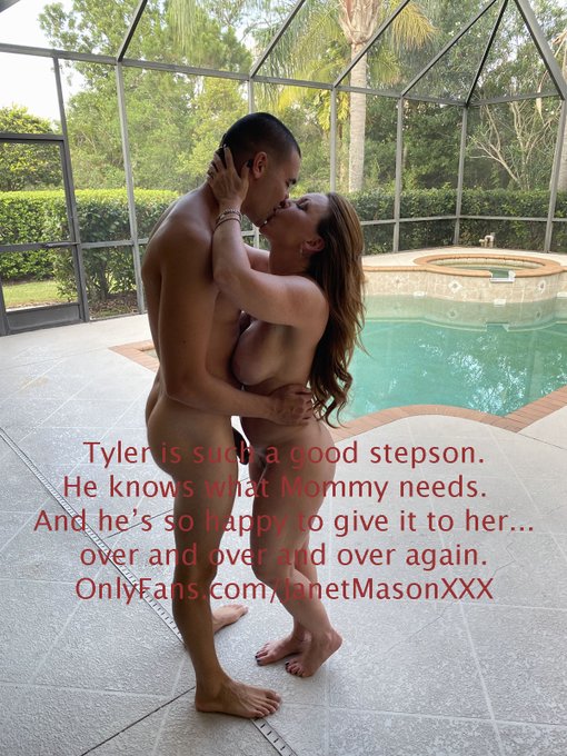 Kissing my "stepson", Tyler, after tonight's taboo shoot...outside by our pool and buck naked, the way