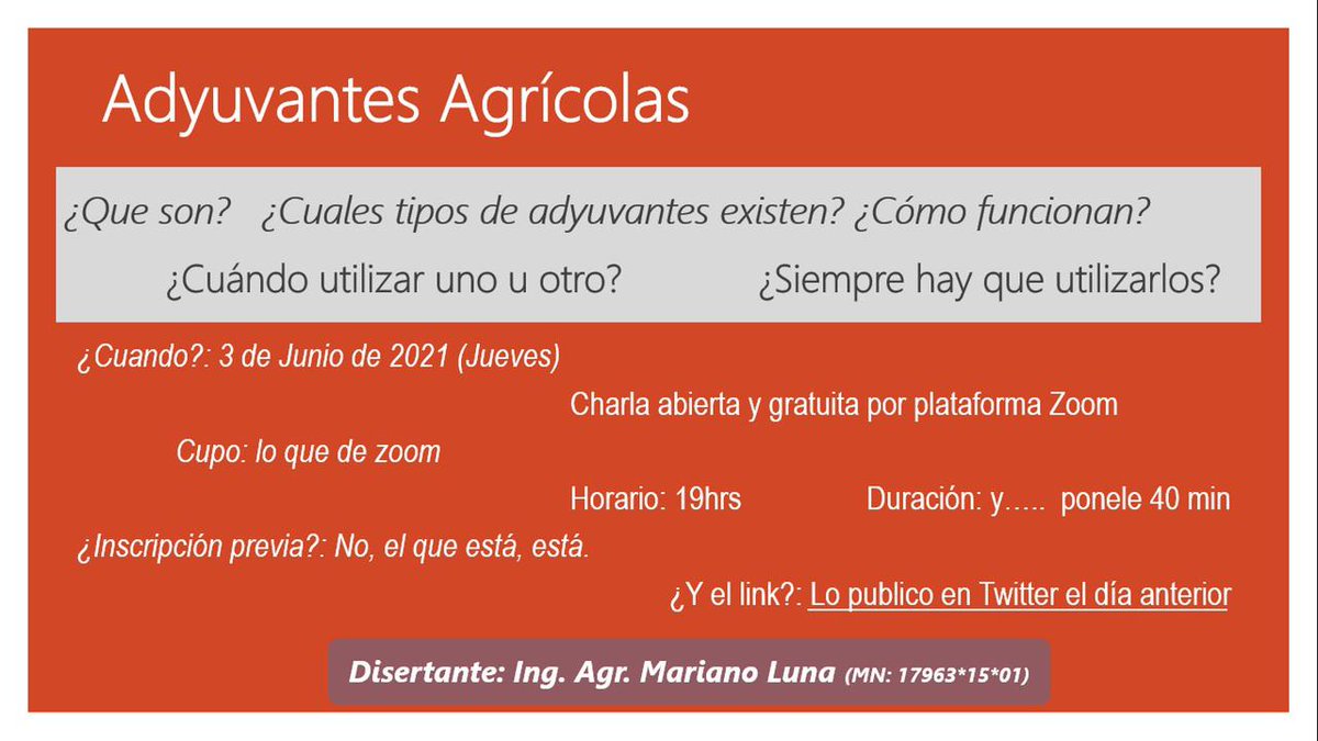 Dado las consultas que me han realizado vuelvo a comunicar por este medio que la charla sobre adyuvantes, por los 7000 seguidores sigue en pie.
El link es us02web.zoom.us/j/83811749532?…
ID de la reunión: 838 1174 9532
Codigo de acceso: 295412
Quiero verlos con el 🧉 o 🍺