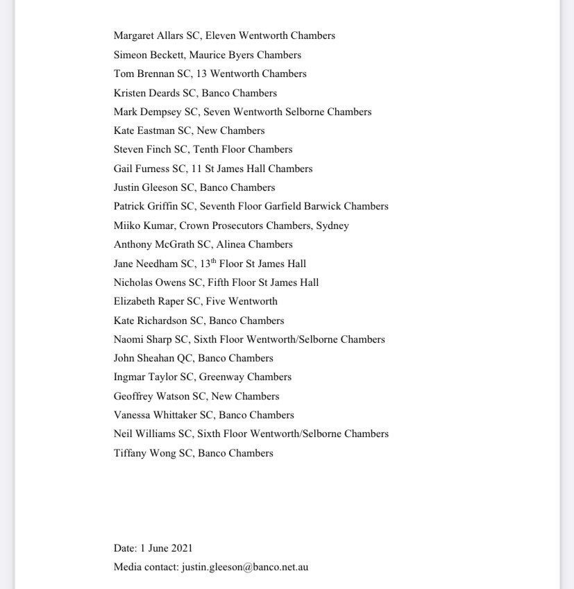 Breaking: Open letter by 23 barristers, almost all silks, including Justin Gleeson, Kate Eastman &amp; Gail Furness back #consent reforms by  <a href="/MarkSpeakman/">Mark Speakman</a> <a href="/SaxonAdair/">Saxon Mullins</a>.”The current balance struck by sexual assault laws is not satisfactory. Something needs to be done.” Names attached.