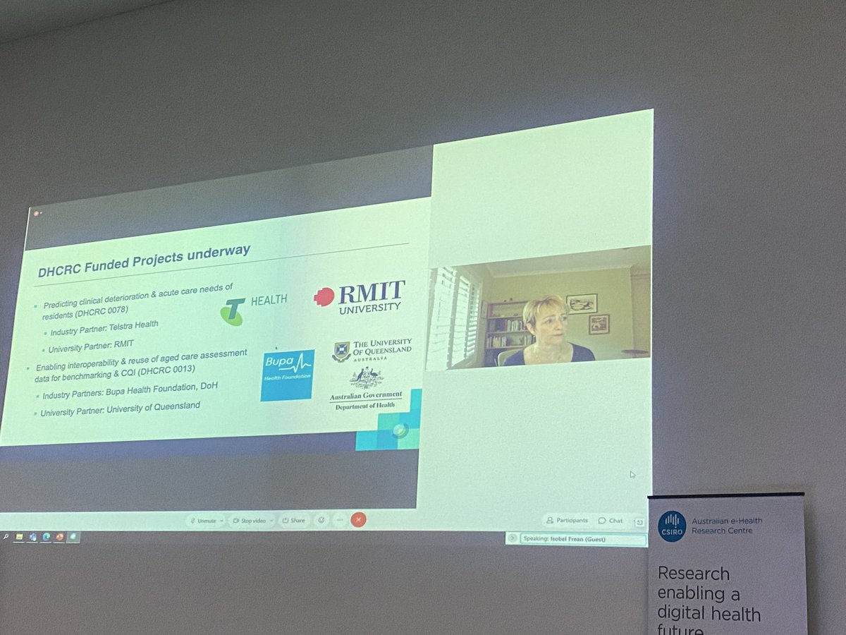 ehealthresearch's tweet photo. Great to have the #IsobelFrean from the #DHCRC talking about aged care and interoperability project with #UQ and @ehealthresearch #aehrc2021 https://t.co/uCY1xjxiQx