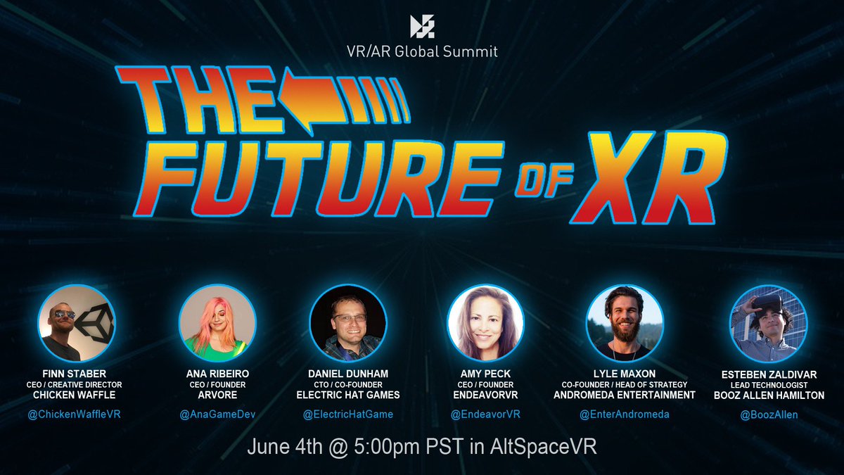 Excited to be hosting the closing panel for the @VRARASummit on “The Future of XR” in @AltspaceVR with some amazing speakers! @Anagamedev @pixelripped @ElectricHatGame @VirtualGirlNY @endeavorvr @EnterAndromeda @BoozAllen @FinnStaber #VR #AR #XR