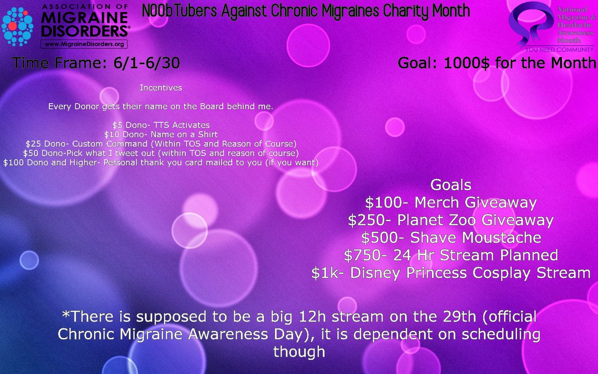 ShowMeAN00b's tweet image. The official graphic for the charity month for @MigraineDisordr in June. It's a little odd, but Purple is the official color so I tried to grab a background with a nice...purple. There are also days that we are going to participate in that I will explain more about as they come.