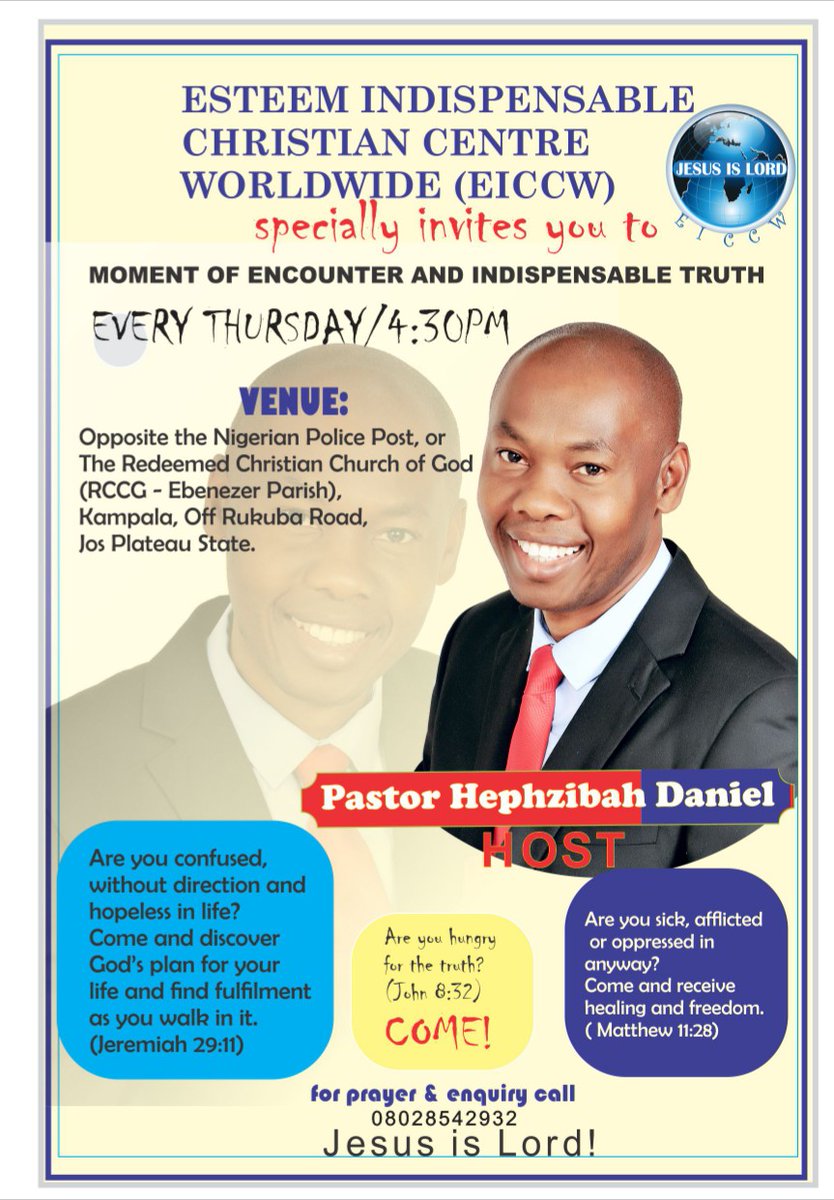 speaktodaniel's tweet photo. Join me this Thursday 3rd of June 2021 for a special time in God's presence.
Time: 4:30pm.
Venue: Esteem Indispensable Christian Centre Worldwide  Opp RCCG Ebenezer area or the Nigerian police post Kampala off Rukuba road Jos Plateau State.
PRAY PLAN &amp; ATTEND. 
GOD BLESS YOU. https://t.co/TQhMwfHZiV