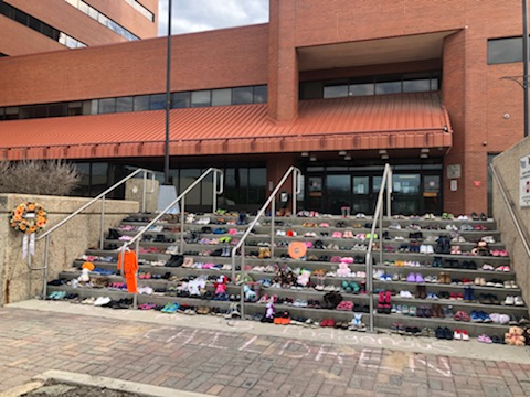 215 pairs of shoes in downtown Fort McMurray to honour the 215 Indigenous children who lost their lives at a Kamloops residential school #ymm #rmwb