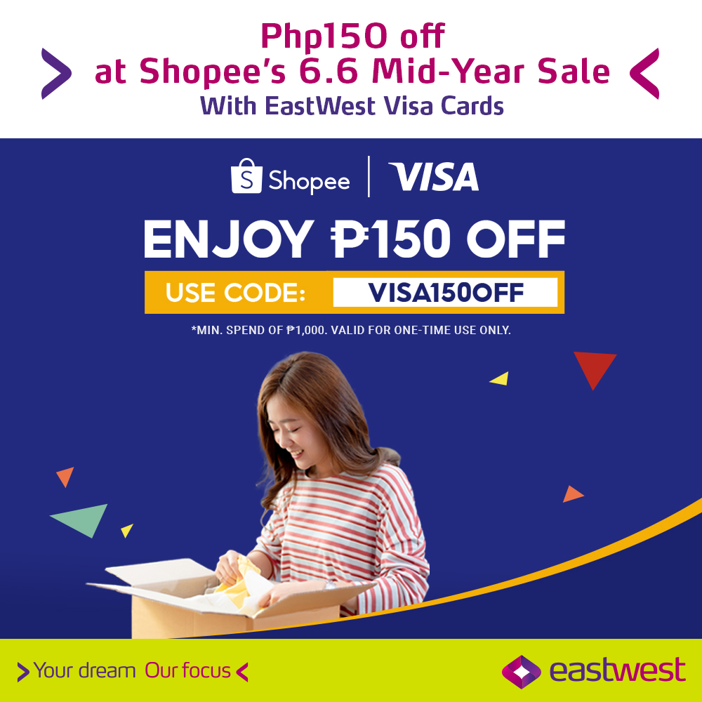 eastwestbanker's tweet photo. Get P150 off on a min. spend of P1K from sellers that ship locally at Shopee 6.6 Sale. Use code VISA150OFF w/ your EastWest Visa credit card. Limit of 1x use. #LifeIsBetterCashless. Promo is valid fr. June 4-6, 2021, 2-5 PM. T&C apply. DTI120180 S21. https://t.co/38t48ZovGY https://t.co/chrL9zTjj7