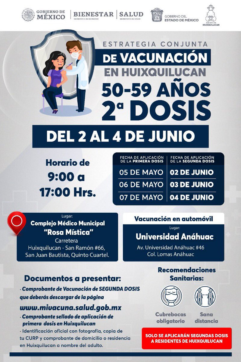 ⚠️AVISO IMPORTANTE⚠️

Los días 2, 3 y 4 de junio se vacunarán contra el covid a los huixquiluquenses en el rango de edad 50-59 años. 

Les compartimos la información de sedes y requisitos.

(1/2)