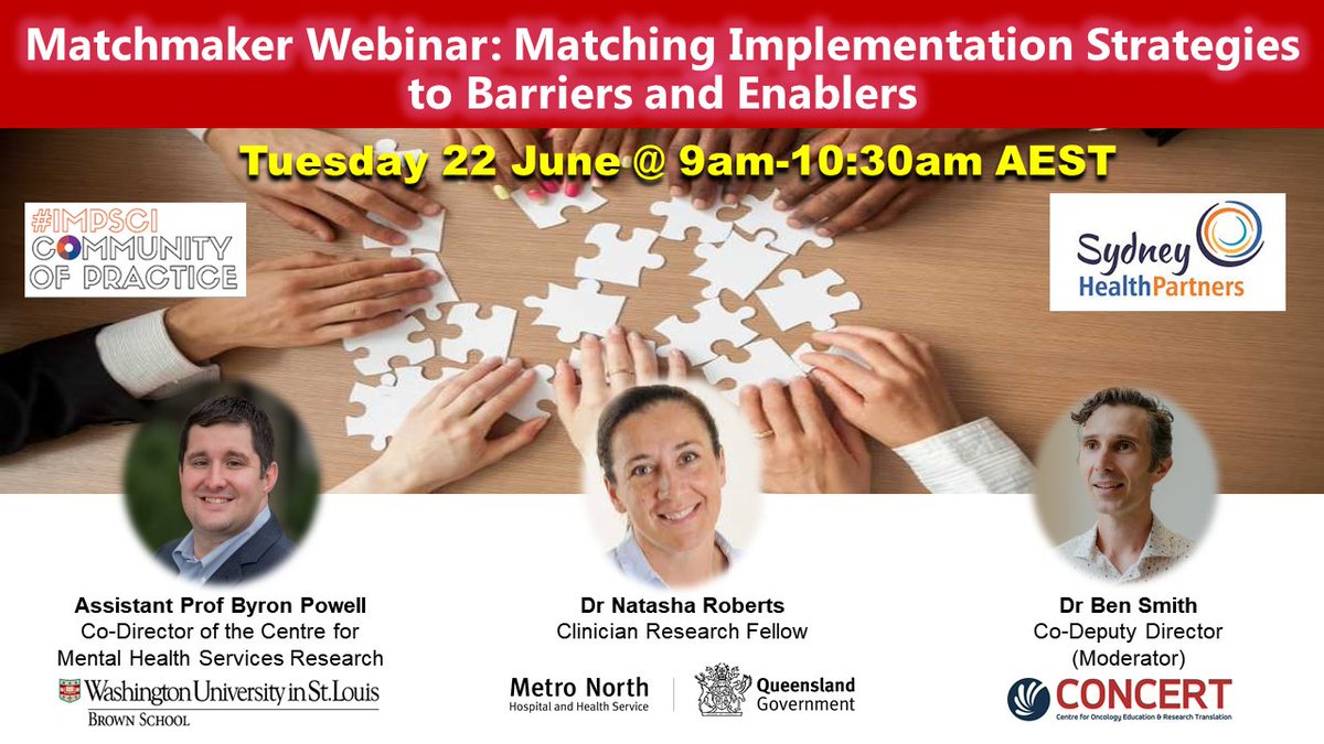 📢Super excited to collab w <a href="/SHPartners/">Sydney Health Partners</a> again! 
Matchmaker Webinar: Matching Implementation Strategies to Barriers &amp; Enablers
🖊️your🗓️Tue 22 June 2021, 9-10:30am AEST
Speakers: <a href="/Byron_Powell/">Byron J. Powell</a> <a href="/RobertsTash/">Natasha Roberts</a>
Moderator: <a href="/cancer_K2A/">A/Prof Ben Smith @bensmithphd.bsky.social</a>
More info: bit.ly/impsci-events
Rego coming soon!