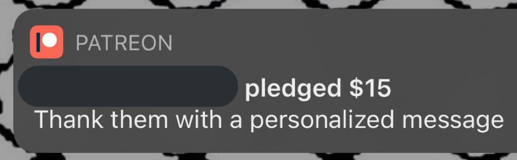 Patreon notification for a $15 donation