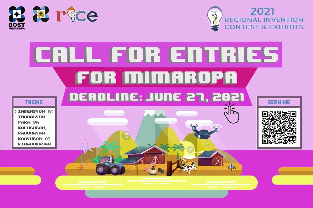 CALL FOR ENTRIES: 2021 MIMAROPA REGIONAL INVENTION CONTEST AND EXHIBITS (RICE)

The deadline for the submission of entries is on June 27, 2021.  You may submit your entry by filling out the google form: bit.ly/2021MIMAROPARI….