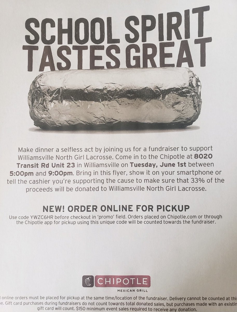 Come on out and support girls varsity lacrosse in our chipotle fundraiser!!! Tomorrow 5-9 on transit🌮