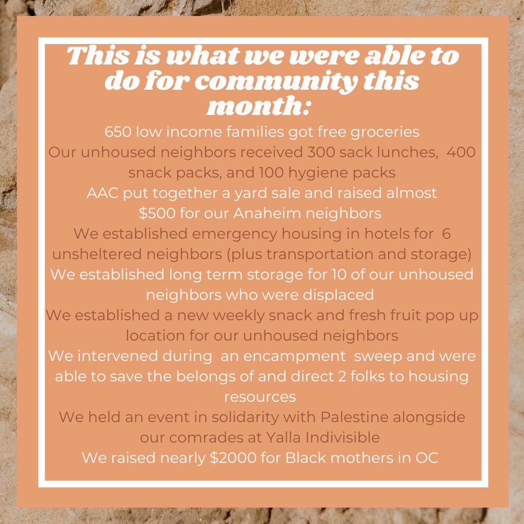 OCprotests's tweet photo. It’s the last day of May so here’s what we did together this month! This work is only sustained through y’all’s continued support and solidarity. If you’d like to get more involved drop a dm and we’re happy to get you connected 🤎 https://t.co/cMZAmoAoPe