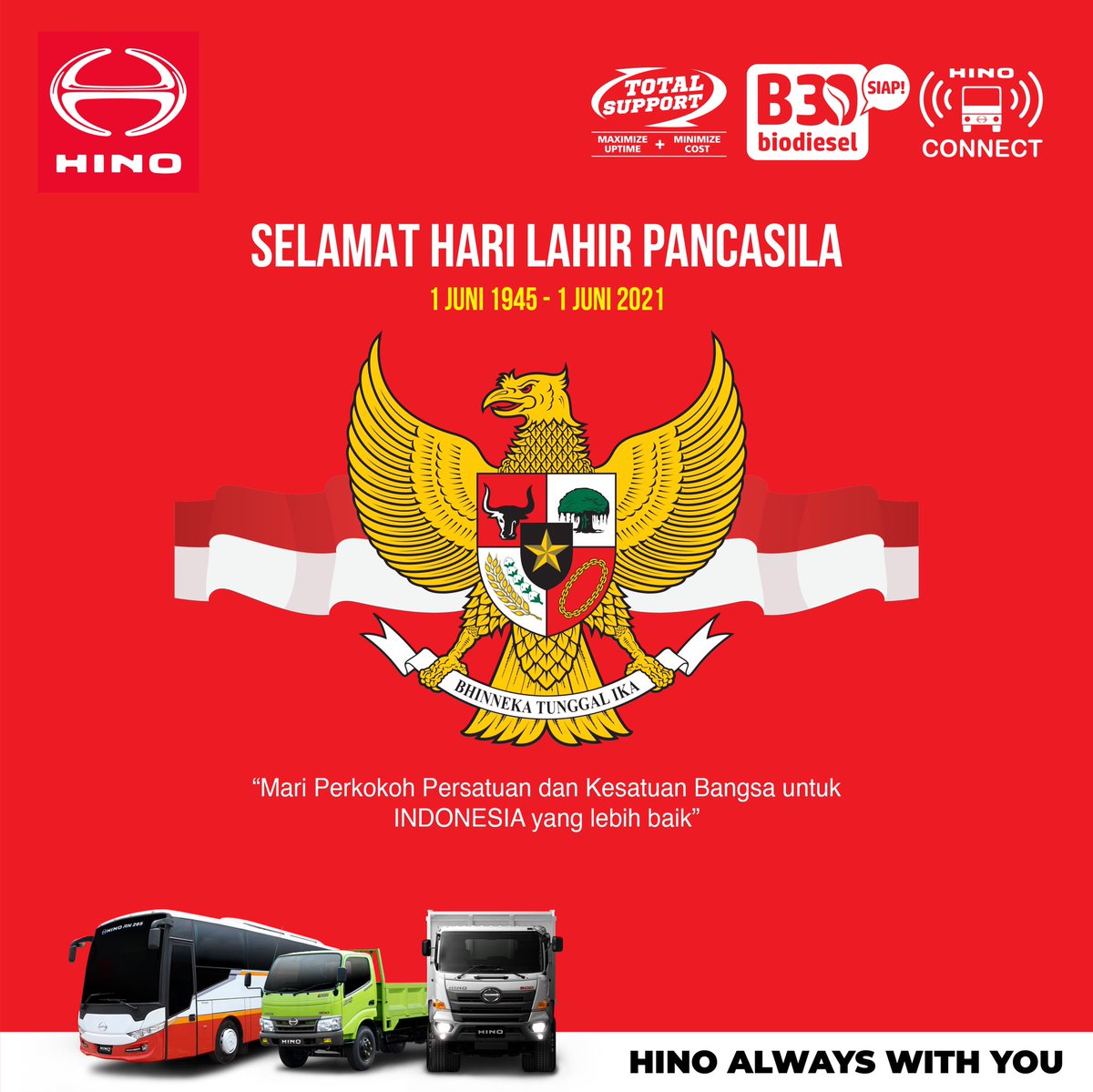 hinoID's tweet photo. Selamat Hari Lahir Pancasila ke-76. Mari Perkokoh Persatuan dan Kesatuan Bangsa untuk Indonesia yang lebih baik. #HINOalwayswithYOU #HinoID #HinoIndonesia #HinoTruckandBus #HariPancasila https://t.co/wXAYlDIe9K