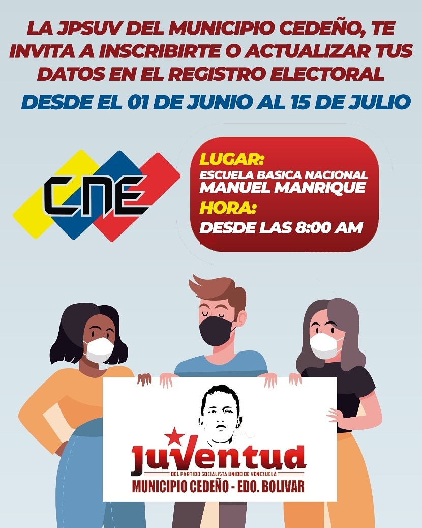 JPSUVCed's tweet image. 🚩 || Te invitamos a participar desde el 01 de Junio hasta el 15 de julio en las jornadas de inscripción, actualización y registro en el RE. Si ya tienes 18 años, o los cumples antes del 21N, acude a los puntos del CNE.

#SemanaRadicalConciente