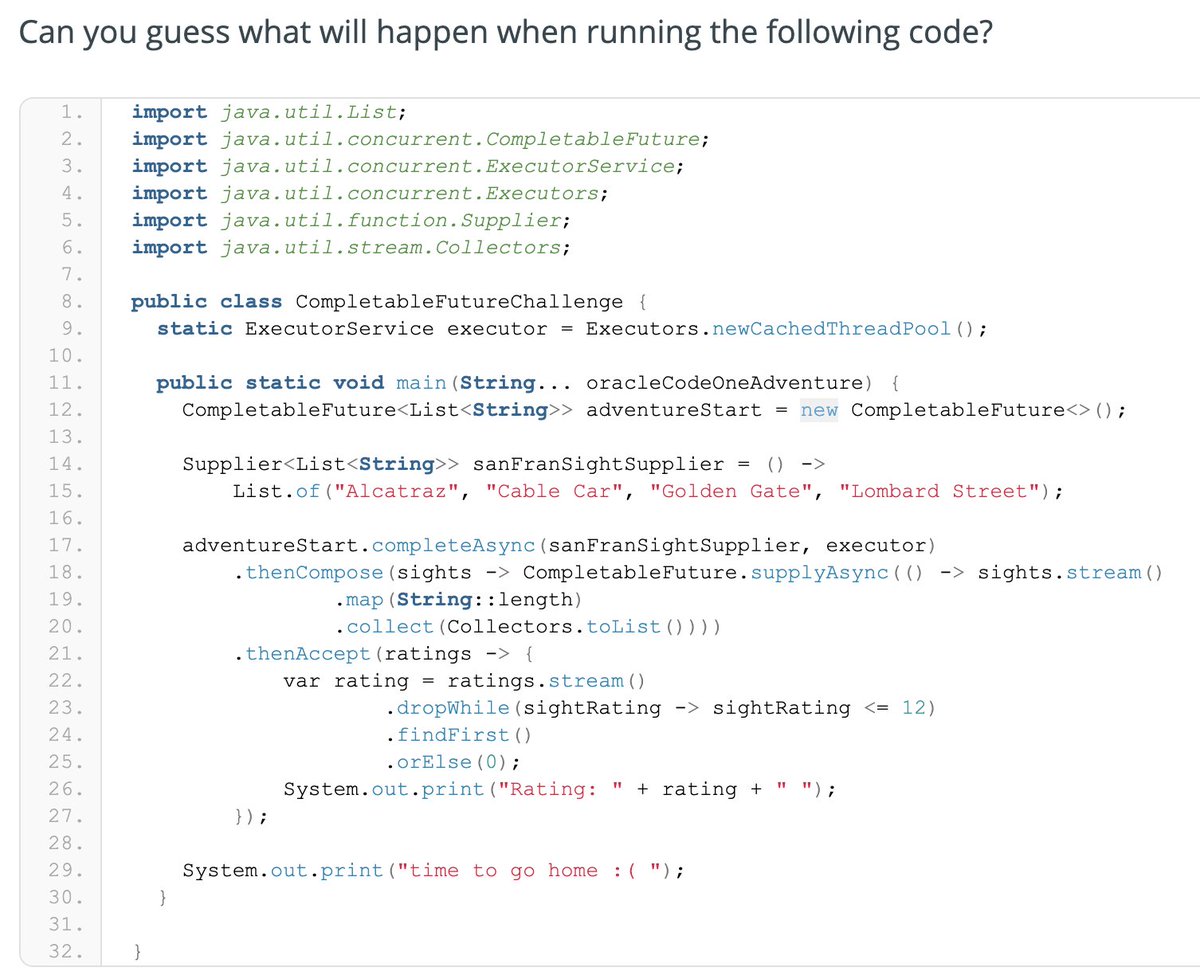 foojayio's tweet image. In your #Java code, let&apos;s use a &quot;CompletableFuture&quot; together with the &quot;completeAsync&quot; and &quot;thenAccept&quot; methods to perform actions asynchronously, in @RafaDelNero&apos;s latest Java challenger. And if this is new to you, you have something interesting to learn! foojay.io/today/asynchro…