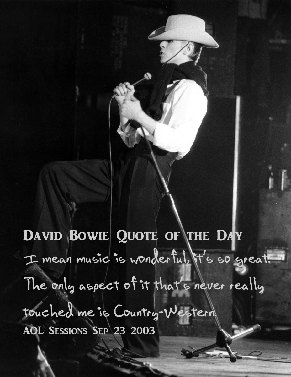 Ramoana's tweet photo. By the power of Cowboy Duke, we are going to resolve this Country-Western dilemma on my show today!

David Bowie Quote of the Day ~
"I mean music is wonderful, it's so great.
The only aspect of it that's never really touched me is Country-Western." 

AOL Sessions Sep 23 2003 https://t.co/s3bKWXV7uq