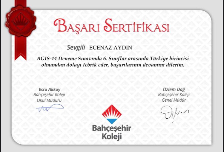 Bahçeşehir Koleji 6. Sınıflar AGİS-14 Deneme Sınavında Türkiye 1.si olan öğrencilerimizi tebrik eder, başarılarının devamını dileriz.