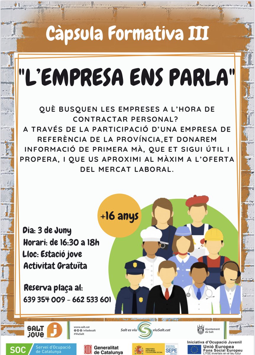 Jove! Tens clar què busquen les empreses a l’hora de contractar personal?
📣El 3 de juny a les 16:30 h t’ho expliquen a l’Estació Jove!
Inscriu-te a la càpsula formativa!🚀
#Salt #ViuSalt #SaltJove #SaltésViu