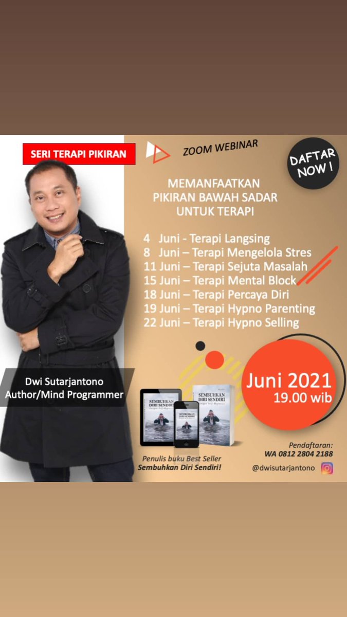 Ikuti dan daftarkan SEKARANG juga Seri Terapi Pikiran oleh Coach/Mind Programmer <a href="/dwisutarjantono/">dwi sutarjantono</a>
Pilih terapi yang sesuai dengan kebutuhan kamu atau orang yang kamu sayangi dan cintai.
Jangan Simpan Deritamu Sendiri.
Hubungi WA 0812 2804 2188, Ketik Daftar dan Nama Terapi.