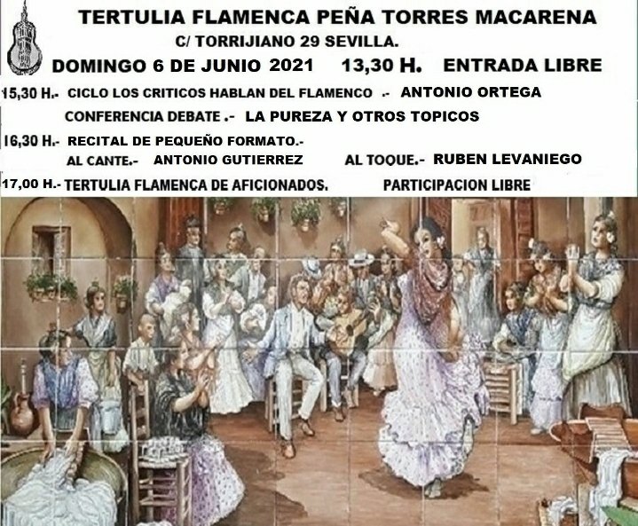 En Torres Macarena hay recitales de baile miércoles y viernes. El domingo Tertulia Flamenca con Antonio Ortega y con la pureza a debate. Puedes conseguir un enlace para ver los recitales en torresmacarena.com