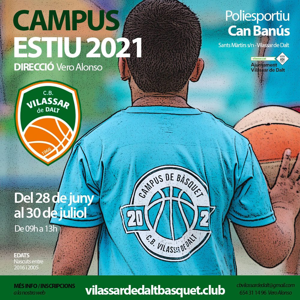 Campus Estiu 2021 🏀

Del 28 de juny al 30 de juliol
De 09h a 13h - opció dinar 13h a 15h

Entrenaments, competicions, jocs, concursos, excursions... 

DIRECCIÓ TÈCNICA: Vero Alonso

Atenció: places limitades!

Tota la informació i inscripcions a vilassardedaltbasquet.club