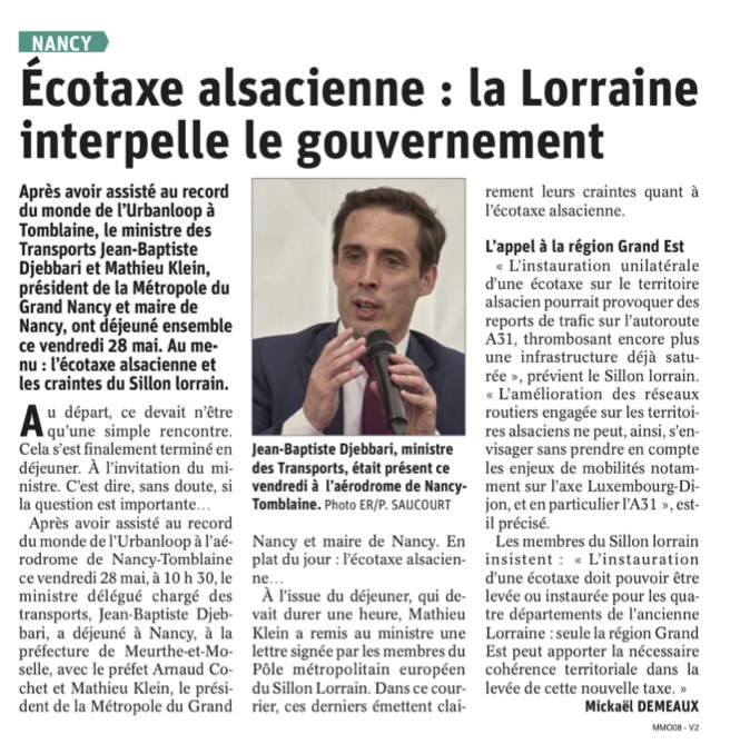 Vendredi dernier, le Ministre des Transports, Jean-Baptiste Djebbari et Mathieu Klein, Président du @Grand_Nancy ont échangé au sujet de l'ecotaxe alsacienne, les positions et recommandations des membres du Sillon Lorrain. 
<a href="/MetzMetropole/">RL-57</a> <a href="/VilleThionville/">Ville de Thionville</a> <a href="/VilledEpinal/">Ville d'Epinal</a>