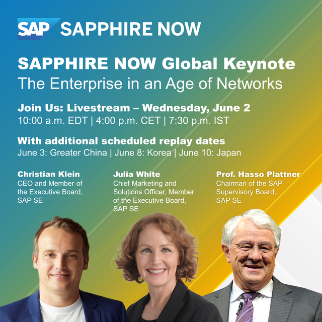 nyba's tweet photo. Join us on June, 2 for the SAPPHIRE NOW Global Keynote featuring SAP CEO Christian Klein, Chairman of the SAP Supervisory Board Prof. Hasso Plattner, SAP Chief Marketing and Solutions Officer Julia White, and special guests. https://t.co/sjfRT1Ibmh https://t.co/8cuJTjj7Ai https://t.co/6VPQqrLId5