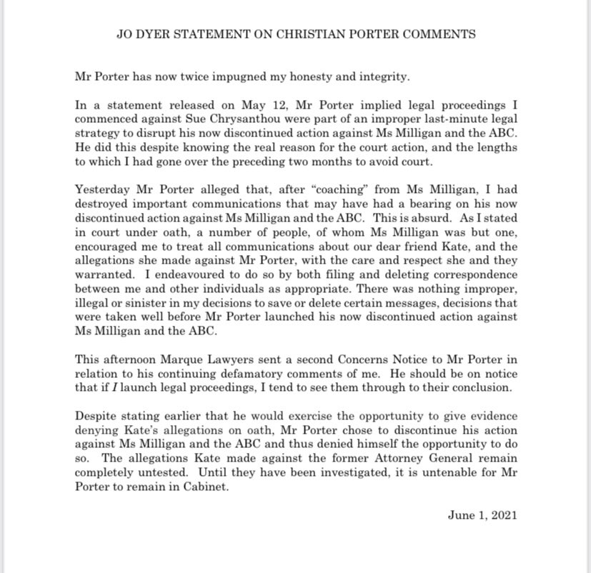 Well here’s another turn-up for the books from Jo Dyer <a href="/instanterudite/">Jo Dyer</a>. Who has now through her solicitors <a href="/marquelawyers/">marquelawyers</a> sent a legal concerns notice to Christian Porter for defaming her in his press conference yesterday.