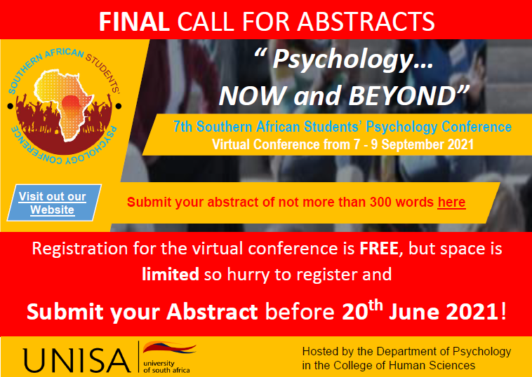 SAConference's tweet photo. FINAL CALL!!! 
Submit your abstracts using this link before the 20th of June 2021 https://t.co/67la7sgzyd...
Registration is free for the first 200 registrations so HURRY and Register NOW!!! https://t.co/k7kEIVupr3