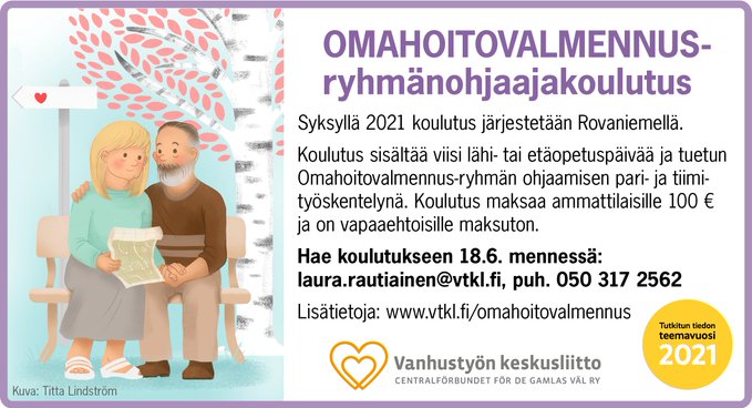 Vanhustyön kl - VTKL (@vtkl10) on Twitter photo #Omahoitovalmennus-ohjaajakoulutuksesta saat välineitä vaikuttavan ryhmäohjausmenetelmän toteuttamiseen varhaisvaiheen muistisairaille ja heidän puolisoilleen. Koulutus Rovaniemellä syksyllä 2021. #tutkituntiedonteemavuosi <a href="/tttv2021/">Tutkitun tiedon teemavuosi 2021</a> #Omahoitovalmennus-ohjaajakoulutuksesta saat välineitä vaikuttavan ryhmäohjausmenetelmän toteuttamiseen varhaisvaiheen muistisairaille ja heidän puolisoilleen. Koulutus Rovaniemellä syksyllä 2021. #tutkituntiedonteemavuosi <a href="/tttv2021/">Tutkitun tiedon teemavuosi 2021</a>