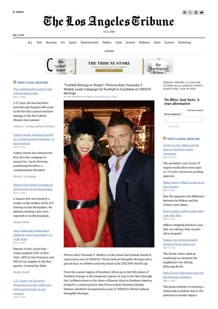 FWH2026's tweet photo. PRESS // "Football Belongs to the people: Princess Rani Vanouska T.Modely leads campaign for football to candidate at UNESCO Heritage" on Los Angeles Tribune. 

To read the full article: https://t.co/WDnI1HlLMX

@VMODELY @FIFAcom 
#footballworldheritage https://t.co/P1rTTLlZrG
