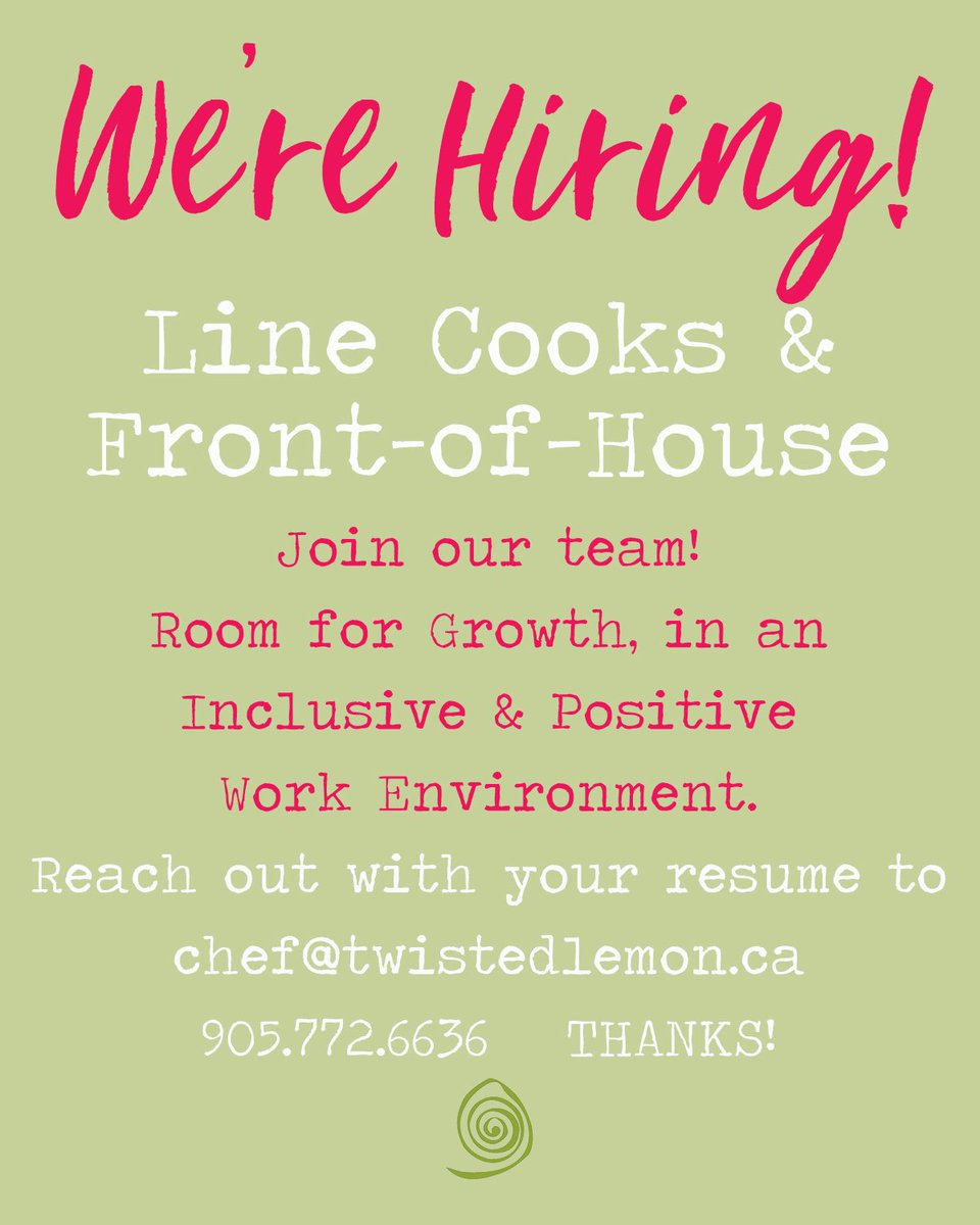 Twisted Lemon Restaurant (@twistedlemonres) on Twitter photo We’re hiring!! Gearing up for an awesome season and looking for passionate, talented Line Cooks & FOH to join our inclusive, positive team in Cayuga, Ontario. Send your details to chef@twistedlemon.ca or call us at 905-772-6636. Thanks!
#hiring #HIRINGNOW #hospitality We’re hiring!! Gearing up for an awesome season and looking for passionate, talented Line Cooks & FOH to join our inclusive, positive team in Cayuga, Ontario. Send your details to chef@twistedlemon.ca or call us at 905-772-6636. Thanks!
#hiring #HIRINGNOW #hospitality