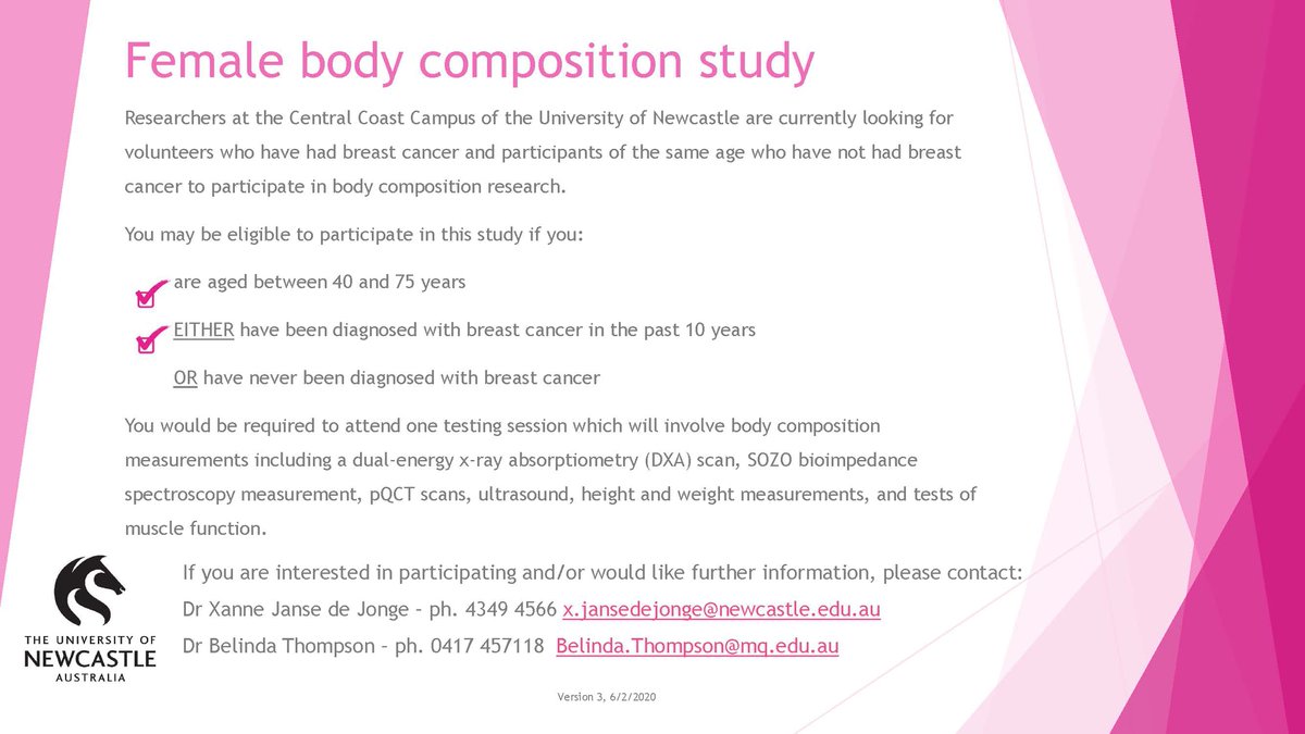 Exciting opportunity to participate in some research by <a href="/xjansedejonge/">Xanne Janse de Jonge</a> and Dr Belinda Thompson! Please contact them if you can help. #bodycomposition #breastcancer #femaleresearch