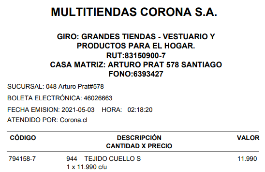 bastidelrio's tweet photo. @corona_chile favor ayuda con compra realizada 5 de marzo 2021 y aun no llega el producto!! @SERNAC favor ayuda para cumplir compra realizada y pagada como muestra la boleta!! https://t.co/nS8Eyut9Vd