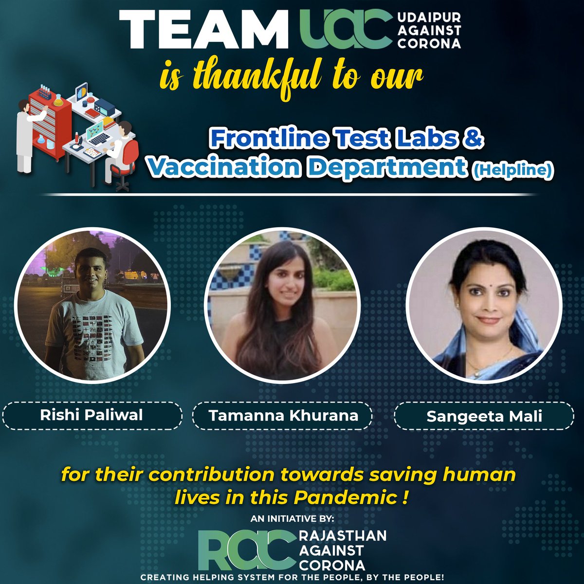 CoronaUdaipur's tweet photo. Team UAC is thankful to our Test Labs &amp; Vaccination Dept. (Helpline Numbers) for their selfless contribution towards saving human lives in this Pandemic!

An Initiative by RAC: Creating Helping System for the People, by the People!
#Udaipur #उदयपुर #udaipuragainstcorona https://t.co/pAQI5T89FM