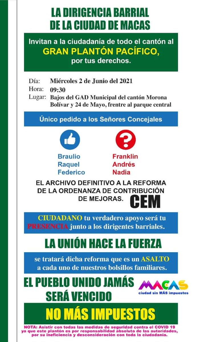 RakelTovar's tweet photo. MORONA EN EMERGENCIA.
No es momento para reformar la ordenanza de contribución especial de mejoras en el cantón Morona.
@LassoGuillermo @CesarMongeO
Busquemos otras alternativas.
@LassoSX https://t.co/XWT4UNjQbm