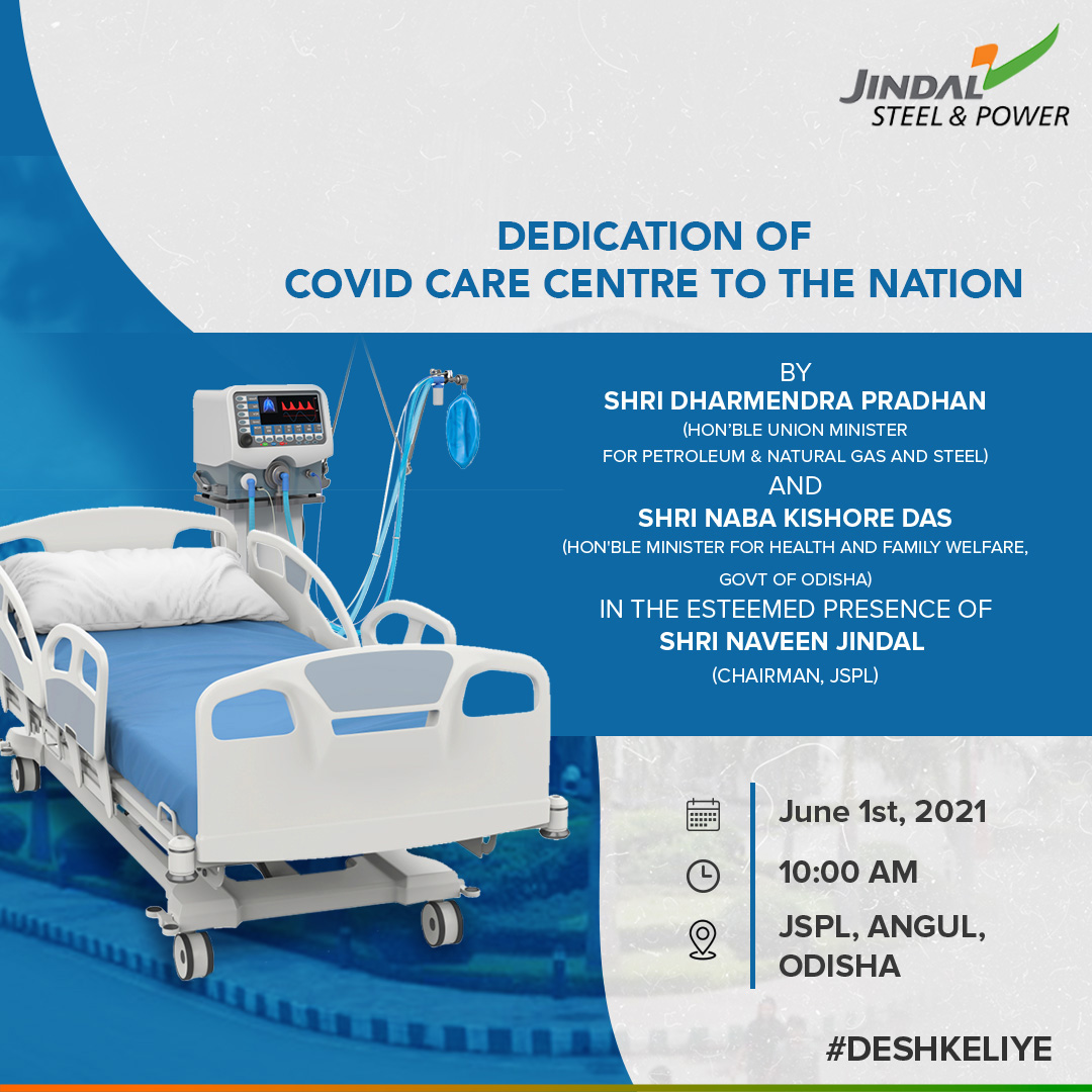 JindalSteel_In's tweet photo. Our Covid Care Centre at JSPL Angul will be dedicated to the nation by Hon’ble Union Minister for @PetroleumMin &amp; @SteelMinIndia, Shri @dpradhanbjp, Hon'ble Minister for Health &amp; Family Welfare, Govt of Odisha, Shri @nabadasjsg and our Chairman Shri @MPNaveenJindal today. https://t.co/8jq8fDOJSC