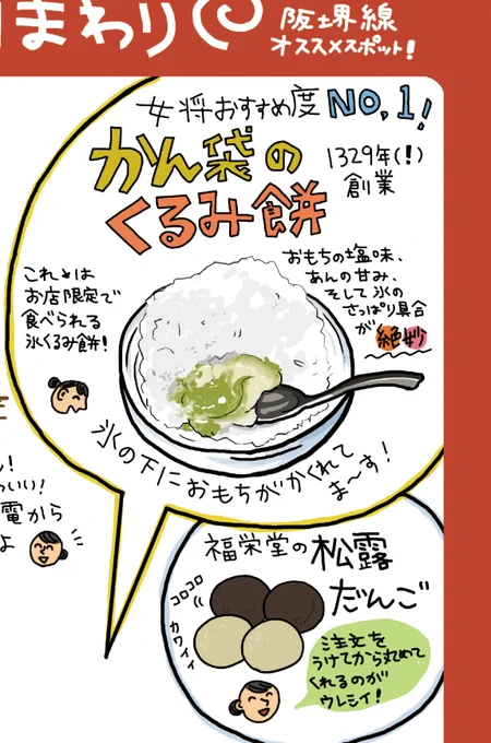 10年くらい前に原稿をもらって描いたイラストマップ。この「かん袋」のくるみ餅をずっと食べたかったんやけど先日たまたまお土産でもらって食べることができて
美味しくて感動しちゃった〜。
くるみって名前付いてるけど「青大豆」の餡らしい! 