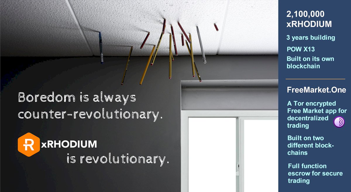 HodlXrc's tweet image. People in #crypto are now saying they&apos;re &quot;bored.&quot; Really? Time to dig yourself out of boredom and discover the future of FreeMarket.One and #xRHODIUM #XRC #crypto. It&apos;s a #revolution that will birth the remaining #Satoshi concept of #decentralized trade. 
@TheCryptoLark