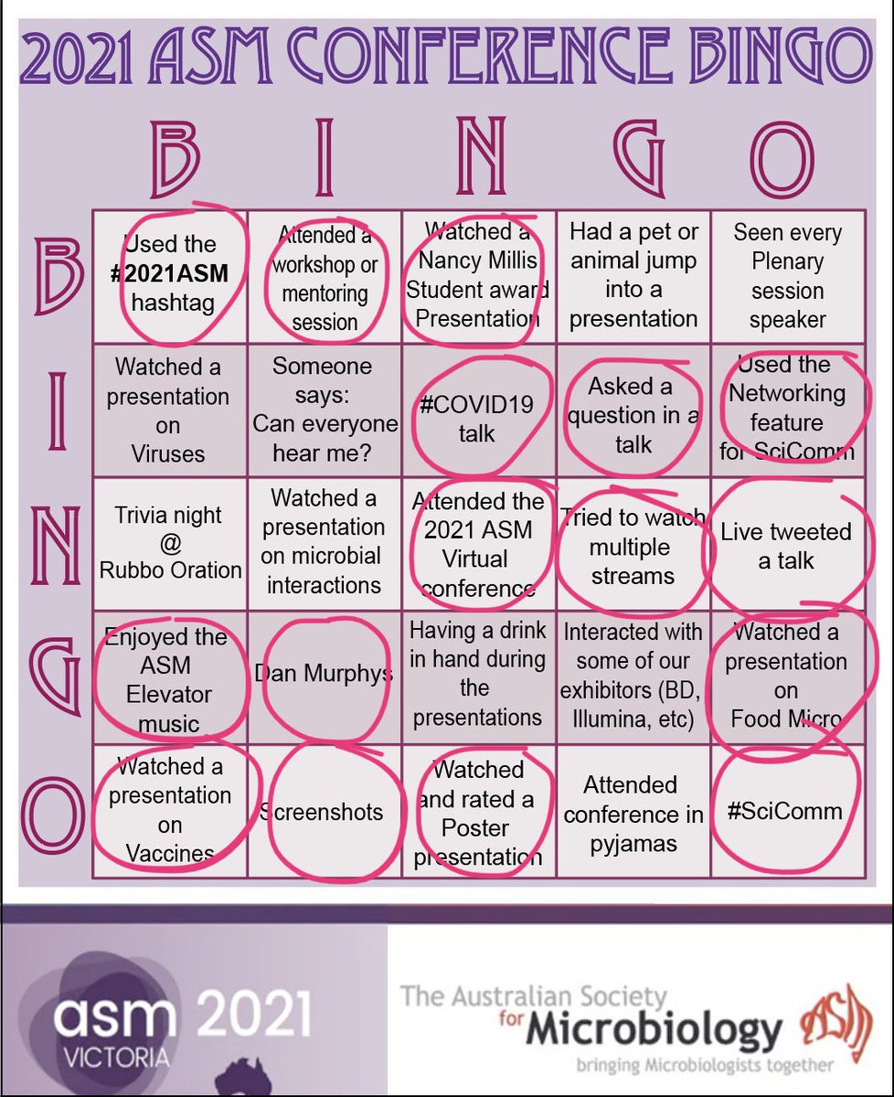 AiyerDidi's tweet image. Hello #2021ASM conference goers. To make our virtual experiences a little more interactive, let’s play some virtual bingo! I’ll start. Play along with the blank template as you watch and don’t forget to tag @AUSSOCMIC and use our hashtag. I still have a while before I get #bingo