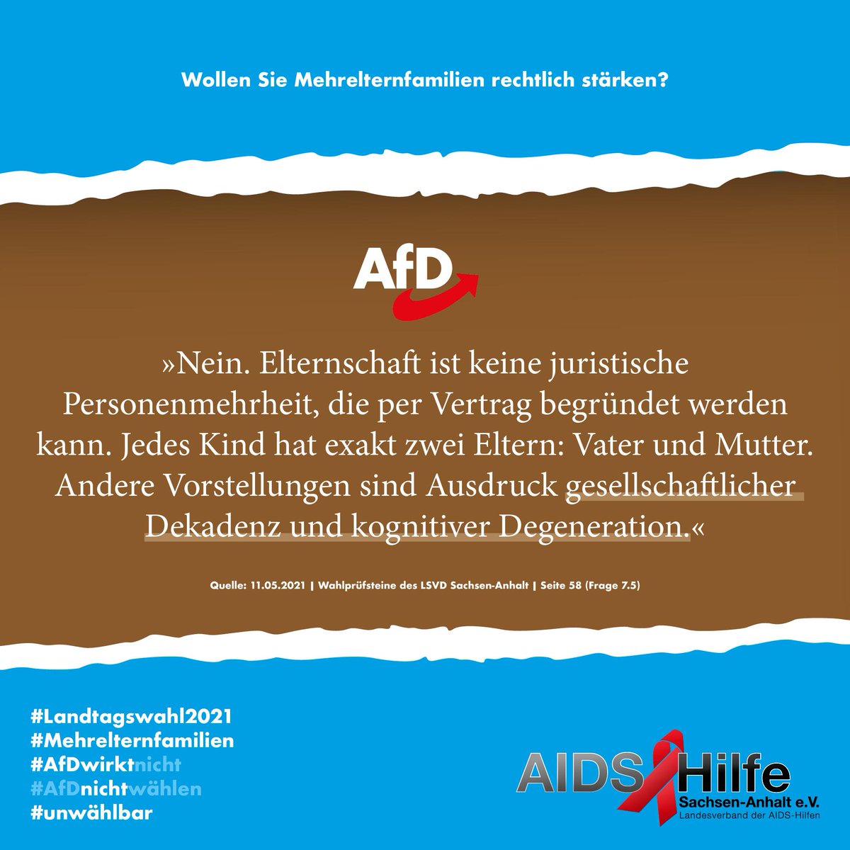 AidsHilfe_ST's tweet photo. Andere Formen von Familie sind Ausdruck kognitiver Degeneration? Applaus. 👏 Mit dieser Aussage habt ihr HOFFENTLICH (!!!) auch die Wählerschaft der Alleinerziehenden Menschen verloren...  

#Landtagswahl2021 #SachsenAnhalt #Mehrelternfamilien #AfDwirktnicht #AfDnichtwählen https://t.co/5uuWOUuB7I