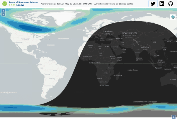 LinksGeo's tweet image. Un predictor d'aurores boreals que mostra la possible distribució i abast de l'aurora boreal cada 5 minuts a partir de la predicció a 30 minuts que serveix la NOAA  
cogsauroratracker.com