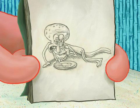 drawing of squidward eating a hamburger on the floor like david hasselhoff spongebob